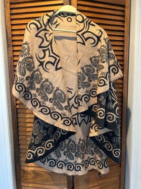 Beige and Black Paisley Reversible Shawl Wrap